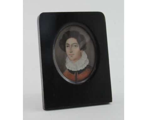 Portrait miniature. Oil on ivory, depicting a female wearing earrings and a ruff, circa late 19th to early 20th Century image