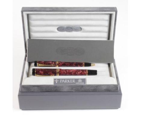 Parker Duofold centennial maroon fountain pen & ballpoint pen set, contained in original case and outer box