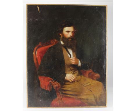 Hand painted portrait of a seated gentleman. Some damage to top left. Unframed. Measures approx h58cm x 45.5