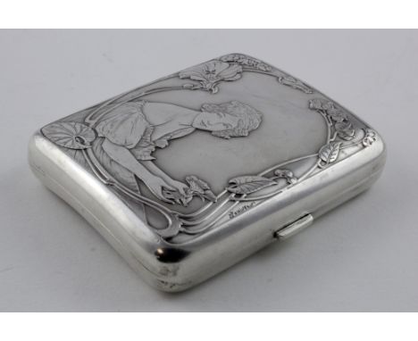 Art Nouveau French silver cigarette case - has a Designer's name on the front which I cannot read. On the side of the item th