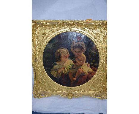 MANNER OF EDOUARD MAGNUS (GERMAN 1799-1872), two children playing with flowers, oil on canvas framed as tondo, bears inked at
