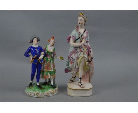 A LATE 18TH CENTURY DERBY PORCELAIN FIGURE OF DIANA, modelled with dog, damaged quiver, bow and column, restoration to headdr