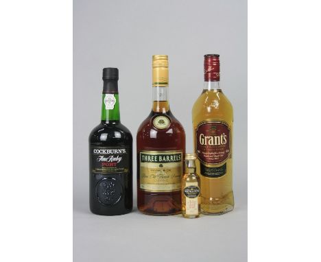 THREE BOTTLES OF ASSORTED SPIRITS AND ONE MINIATURE, 1 x Grants Blended Scotch Whisky, 40%, 70cl, 1 x Three Barrels French Br