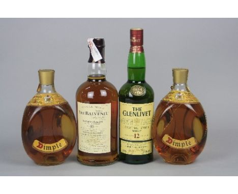FOUR BOTTLES OF SCOTCH WHISKY, comprising 1 x The Glenlivet 12 year aged, 40%, 70cl, fill level mid neck, boxed (this bottle 