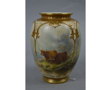 AN EARLY 20TH CENTURY ROYAL WORCESTER VASE PAINTED BY HARRY STINTON, of baluster form, moulded with ivory and gilt arches, pa