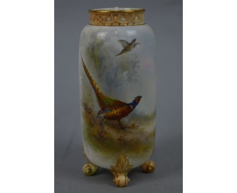 AN EARLY 20TH CENTURY ROYAL WORCESTER VASE PAINTED BY JAMES STINTON, blush ivory and gilt reticulated rim, the cylindrical bo