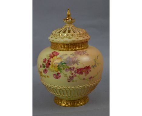A ROYAL WORCESTER BLUSH IVORY POT POURRI VASE AND COVER, woven wicker effect cover, comes with inner lid, the vase painted wi
