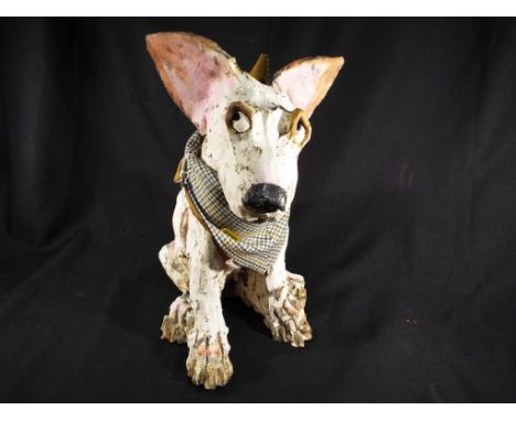 Olivia Brown - a ceramic sculpture in the form of a cross bull terrier sculpted by Olivia Brown (Manchester) 40 cm (h). Estim