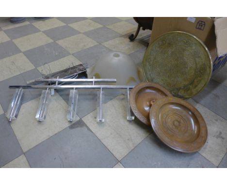 Assorted vintage lighting including Tiffany style, wooden treen, etc. 