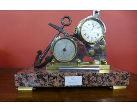 A 19th Century French industrial Naval themed desk clock and barometer, on marble stand with spirit level, 20cms h 