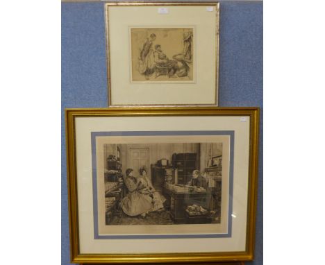 A signed Claude Supperson etching, The Barber, framed and a print, titled The Will, framed 