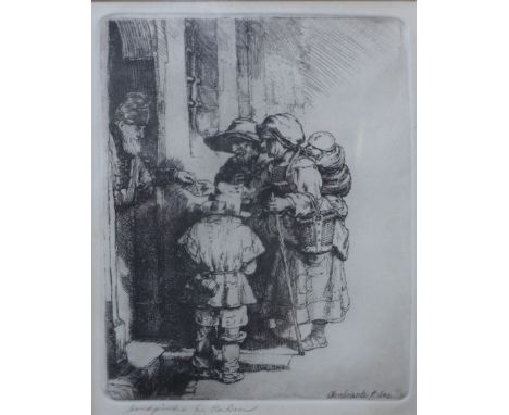 After Rembrandt van Rijn (1606-1669), Beggars Receiving Arms at the Door of a House, handprinted etching by Rae Boer, 18 x 14