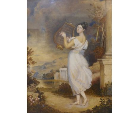 English School (19th Century), full length portrait of a harpist, watercolour, 36 x 27cms, framed 