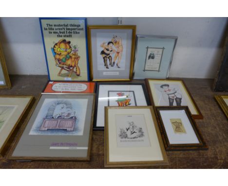 Assorted humorous prints and a signed limited edition etching, including Beryl Cook, Jim Davis print of Garfield and Schulz 