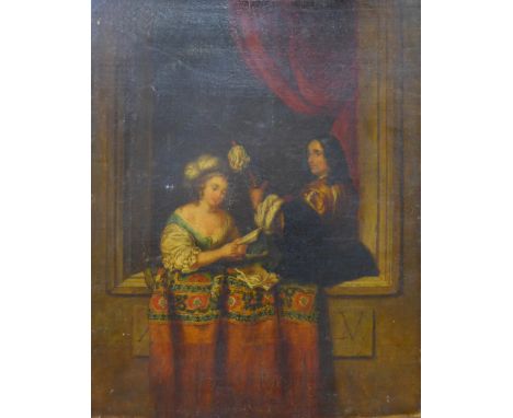 English School (18th/19th Century), romantic portrait of a lady and gentleman by a window, oil on canvas, 47 x 38cms, unframe