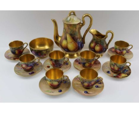 A ROYAL WORCESTER FRUIT HAND-PAINTED CHINA COFFEE SERVICE, comprising; coffee pot, milk jug, sugar bowl and eight coffee cups