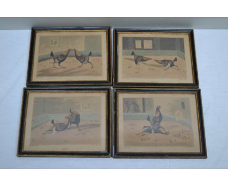C.R. STOCK AFTER K. ALKEN A SET OF FOUR COCK FIGHTING COLOUR PRINTS, inscribed from 'Set too' to 'Death' 13cm x 17cm, hogarth