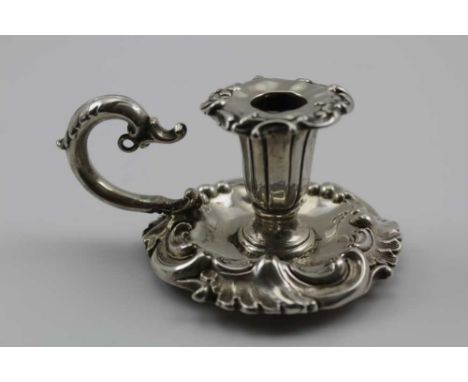 HENRY WILKINSON &amp; CO. AN EARLY VICTORIAN CAST SILVER MINIATURE CHAMBER STICK DESIGN TAPER HOLDER of Rococo form, scrolls 