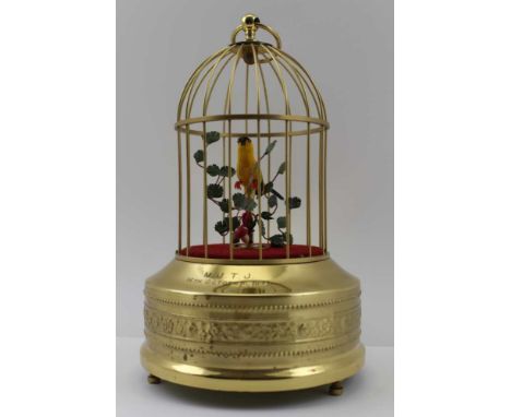 A 20TH CENTURY BRASS BIRD CAGE AUTOMATON, having ring suspension, engraved presentations, 24cm high Condition Report – The me
