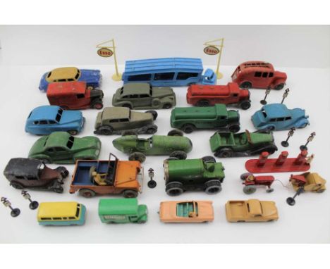 A COLLECTION OF DINKY &amp; OTHER DIE-CAST MODEL VEHICLES, to include cars and lorries together with petrol pumps and signs 