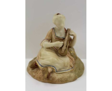 A ROYAL WORCESTER CHINA FIGURINE modelled as a seated girl playing a string instrument, factory mark to base, No. 547 