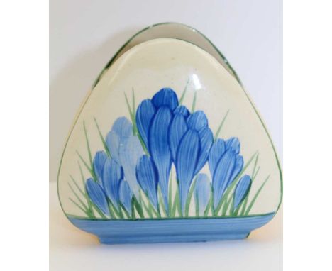 A CLARICE CLIFF BIZARRE CERAMIC POSY VASE of triangular form, painted with blue crocus design, factory mark to base, 6.5cm hi