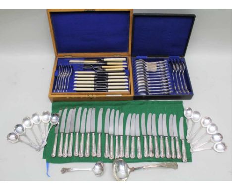 A COMPOSITE SILVER-PLATED COLLECTION OF KINGS PATTERN CUTLERY, comprising an oak canteen by Christopher Johnson &amp; Co. of 