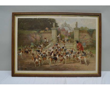 A COLOURED LITHOGRAPHIC PRINT after the original by Blinks, titled "A Hunting Morn" depicting the pack being readied by a cou