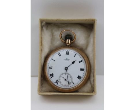 A 9CT GOLD CASED OPEN FACE GENTLEMAN'S POCKET WATCH, the white enamel dial with Roman numerals, and secondary dial, inscribed