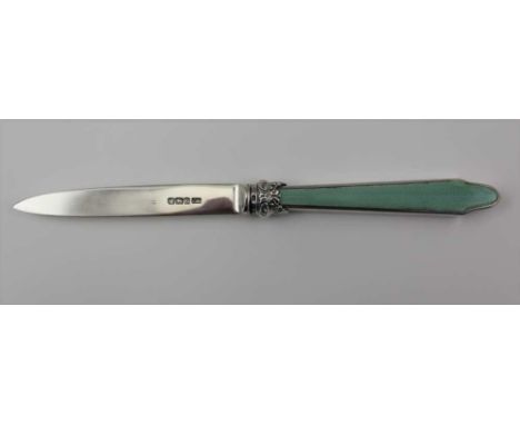 HARRISON BROTHERS &amp; HOWSON A SILVER LETTER OPENER, with celadon green, guilloche panel inset handle, Sheffield 1916, 20cm