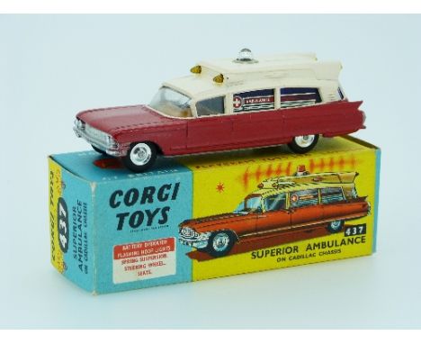 Corgi No.437 Cadillac Superior Ambulance, light cream and red, "Ambulance" decals to windows, clean battery box to underside,