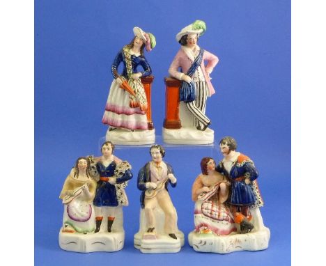 A pair of Staffordshire Pottery theatrical figures, both leaning on plinths, she with a parasol and he, possibly Lord Byron, 