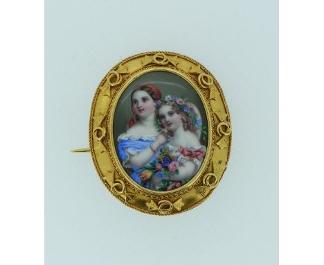 A Swiss Miniature in a gold mount, the miniature of two young sisters, one n blue dress and red bonnet, the other clutching a