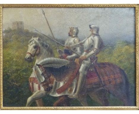 Robert Brydall (British, 1839-1907) Knights on horseback in a landscape with castle keep in the distance oil on canvas, signe