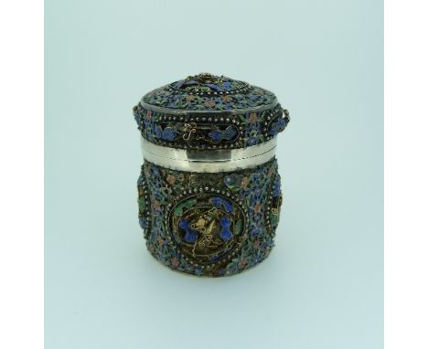 An early 20thC Chinese export silver-gilt and enamel Canister, the silver pot overlaid with silver filigree work and set with