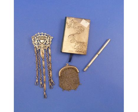 A Victorian silver Chatelaine, by John Millward Banks, hallmarked Chester 1900, the clip of pierced shield shape, the central