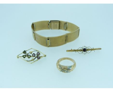 A small collection of Jewellery, including a seven plaque bracelet with engine turned fronts and marked 'rolled gold' back an