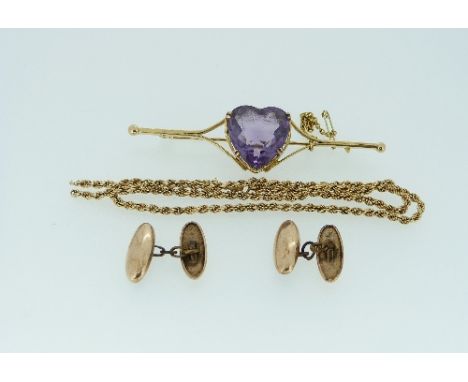 A Brooch set with a heart shaped amethyst, mounted in 18c yellow gold, together with a 9ct yellow gold broken chain and a pai