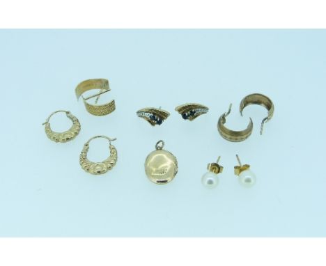 Three pairs of 9ct yellow gold Earrings, and a small 9ct locket, total weight 3.9g, together with a pair of cultured pearl ea