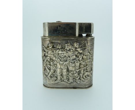 A Dutch silver mounted Table Lighter, marked 'Holland' 'Silver' and '830', the front and reverse bearing a depiction of Rembr