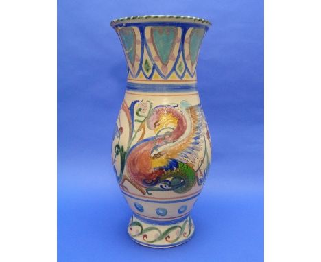 A Honiton Pottery vase, of tall baluster form, painted in colours with mythical creatures, unmarked, damage and restoration t