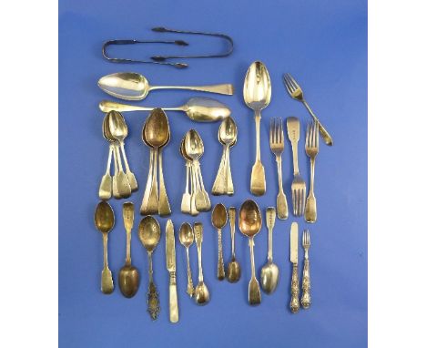 A quantity of silver Flatware, including two George III Old English pattern serving spoons, hallmarked London, 1804 and 1807,