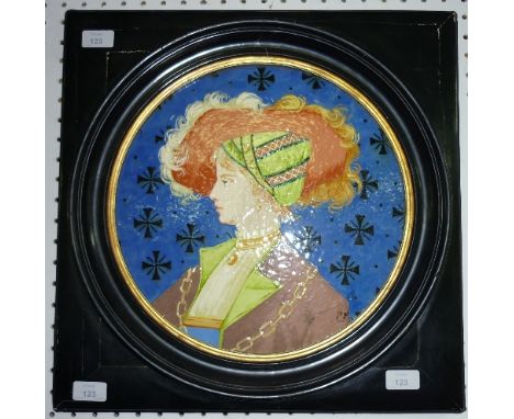 A late 19thC continental stoneware circular Plaque, painted in coloured enamels in the Renaissance style with a portrait of a