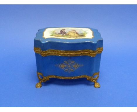 A late 19thC Sèvres style blue-ground porcelain Box, of rectangular serpentine form with gilt-metal mounts and scroll bracket