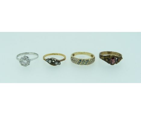 A 9ct yellow gold Ring, the front set small diamond chips and three lines of blue stones, together with a 9ct yellow gold rin