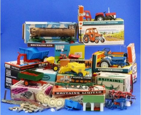 Britains Farm Vehicles and equipment: No.9529 Massey-Ferguson Tractor 135, No.9527 Ford Super Major 5000 Tractor, No.9676 Lan