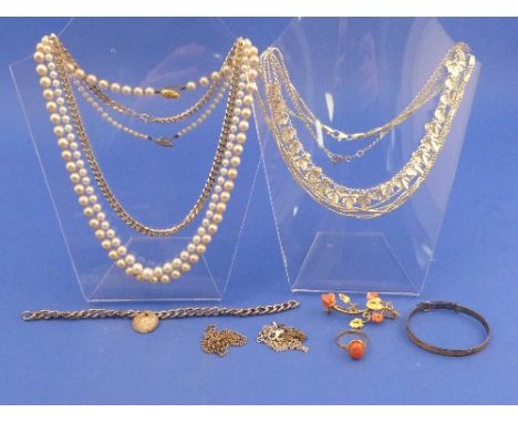 A small collection of Jewellery and Costume Jewellery, including two cultured pearl necklaces, one with a 9ct yellow gold sna