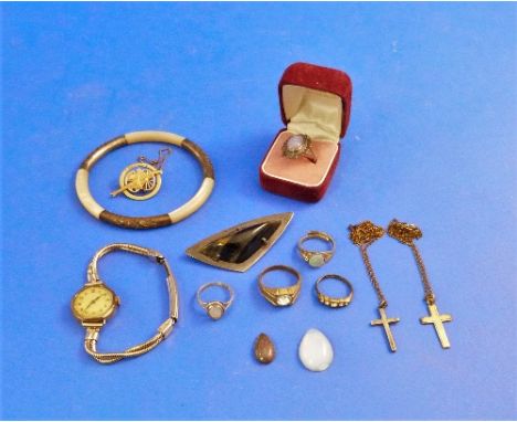 A collection of Jewellery, including two loose opal triplets, three rings set opal type stones, two crosses, one silver, one 