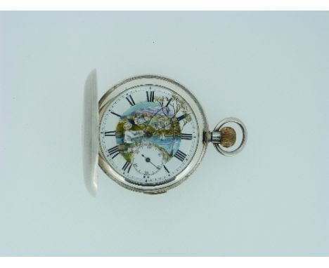 A continental silver Hunter Pocket Watch, London import marks, case with engine turned decoration, the dial decorated in colo