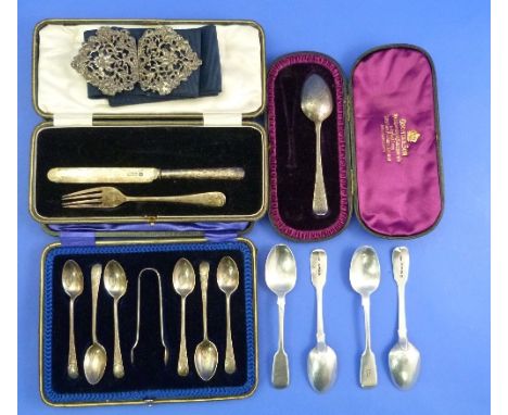 A cased set of six George V silver Teaspoons and Sugar Tongs, by J Rodgers & Sons Ltd., hallmarked Sheffield, 1915, the handl